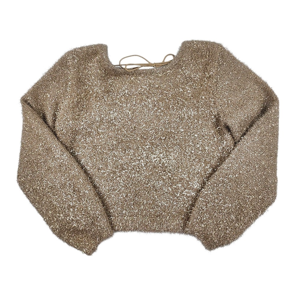 By Anthropologie Eyelash Pullover Sweater M Gold Metallic Tinsel Scoop Back Tie - Picture 5 of 12